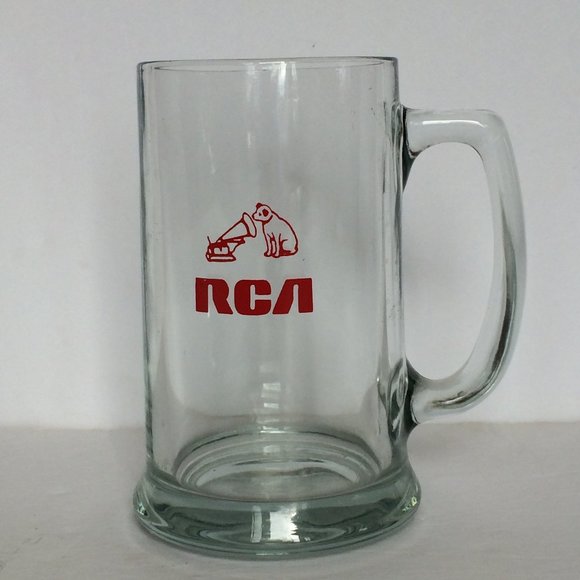 RCA Beer Mug Glass Stein Clear Handled Red Logo Dog Print 12 oz - Picture 1 of 7